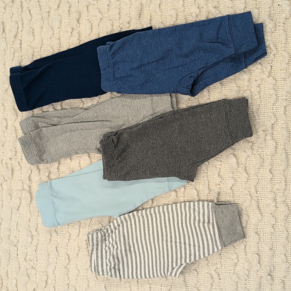 Cloud Island 0-3 Baby Pants Knit Cotton Set Bundle Lot Of 6 Gray Blue